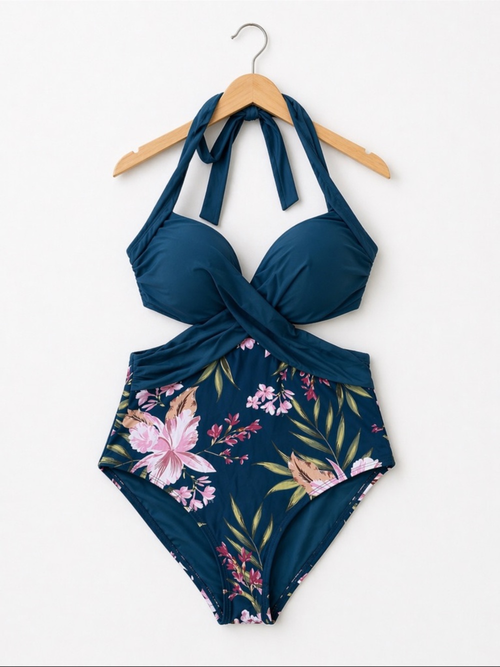 Floral One Piece Swimsuit Women’s Large Cutout Halter High Waisted Blue